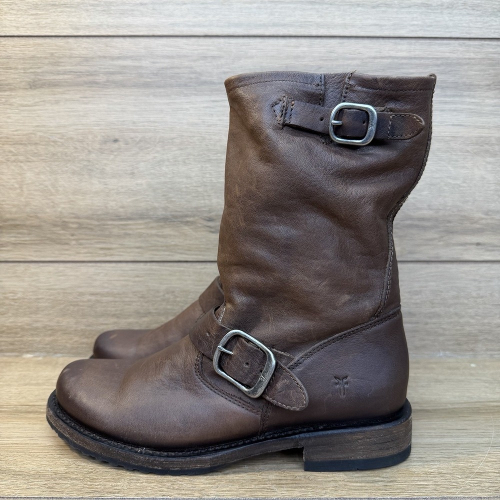 Frye Veronica Slouchy Short Brown Leather Harness Moto Boots Women Size 6.5 - Picture 4 of 11